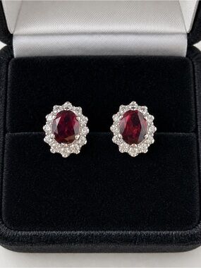 Red Garnet Halo Stud Earrings